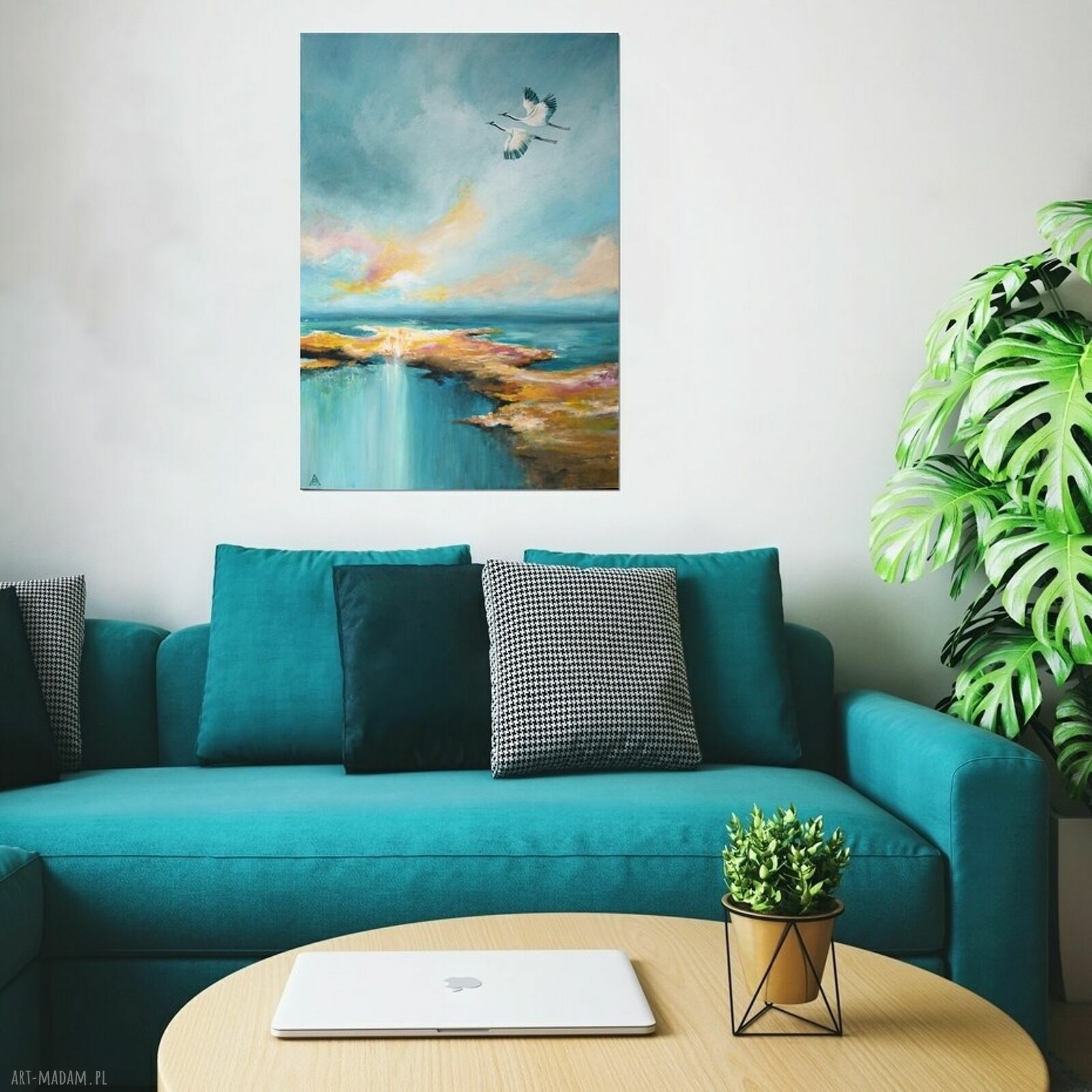 Żurawie abstrakcyjny pejzaż - ręcznie malowany obraz na płótnie 50x70 cm