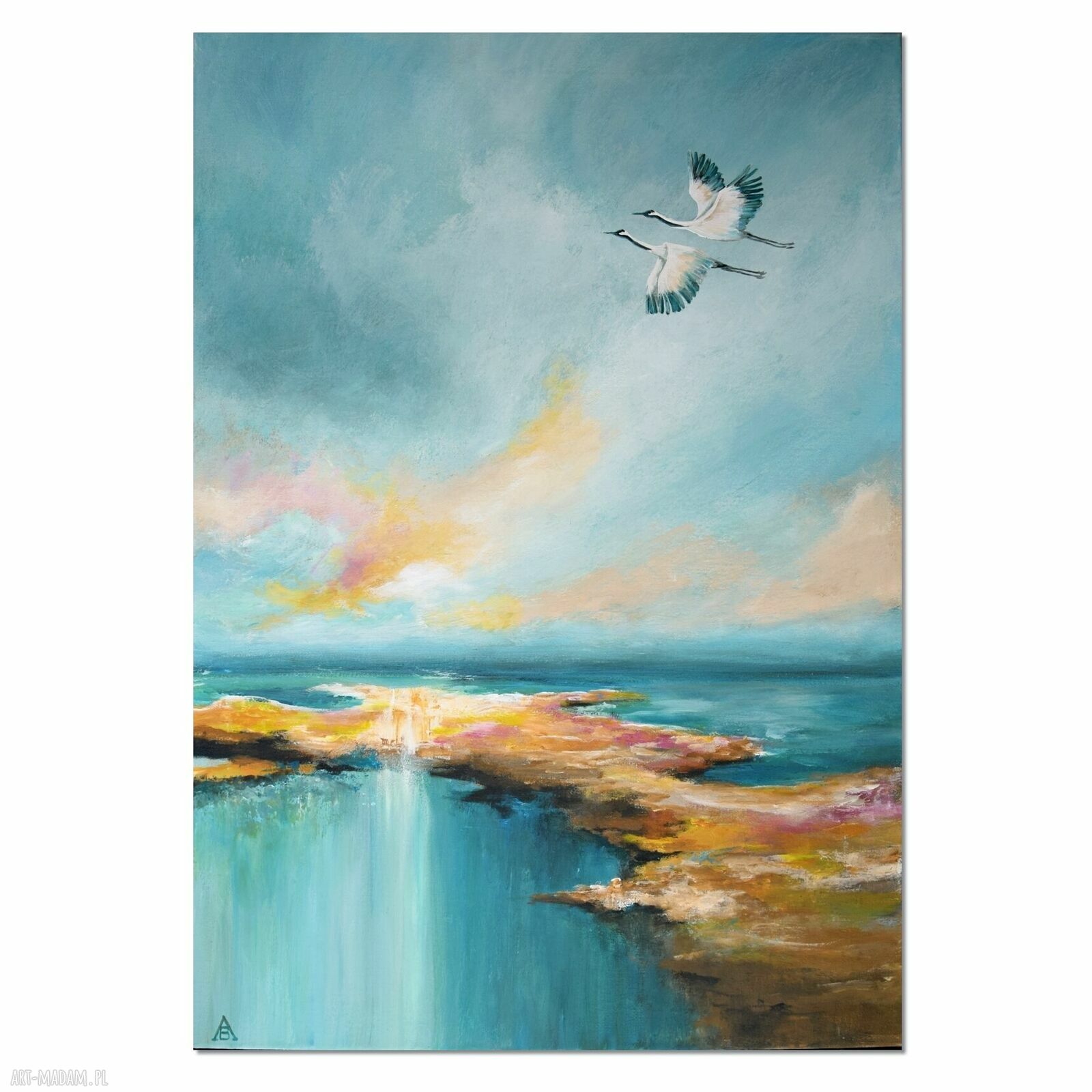 Żurawie abstrakcyjny pejzaż - ręcznie malowany obraz na płótnie 50x70 cm