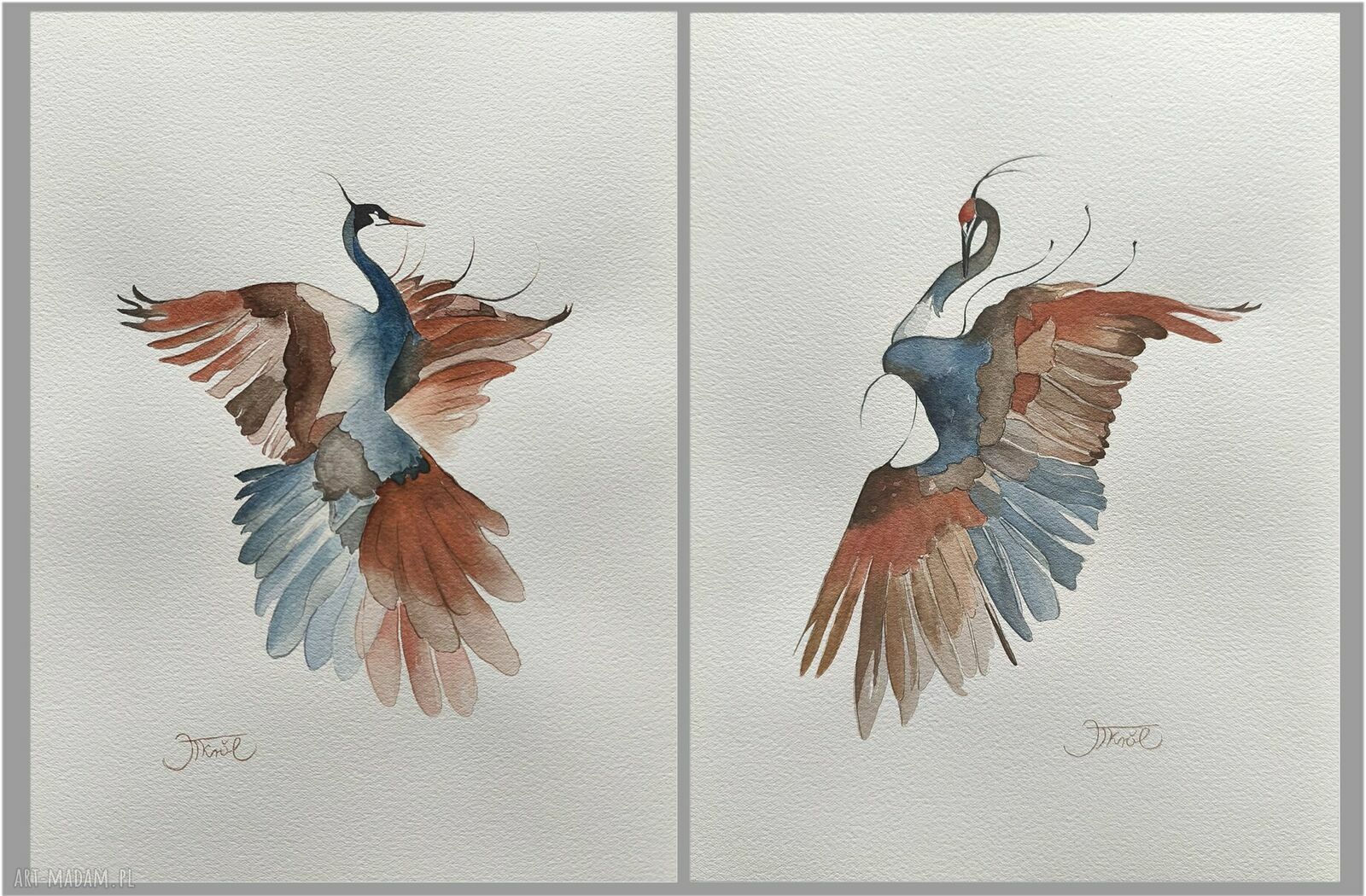 Żurawie - dyptyk dwóch akwareli 24x32 cm