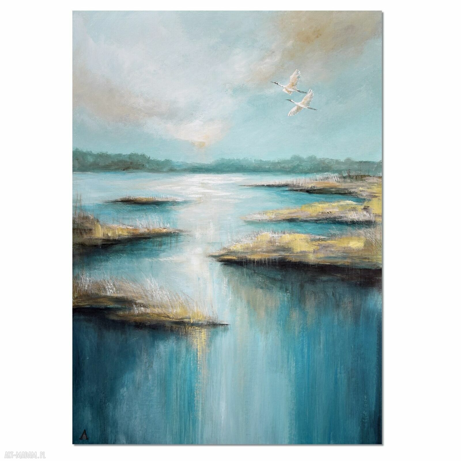 Żurawie - nowoczesny pejzaż, ręcznie malowany obraz 50/70 cm