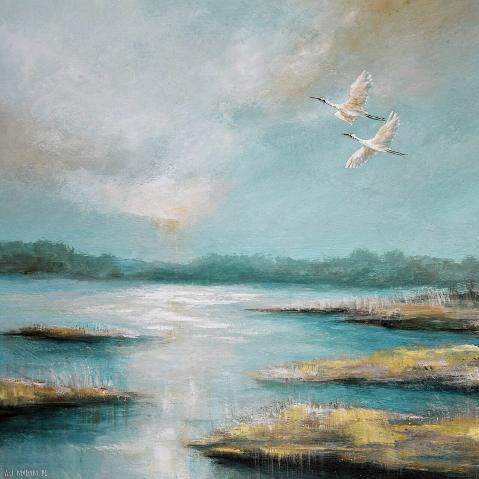 Żurawie - nowoczesny pejzaż, ręcznie malowany obraz 50/70 cm