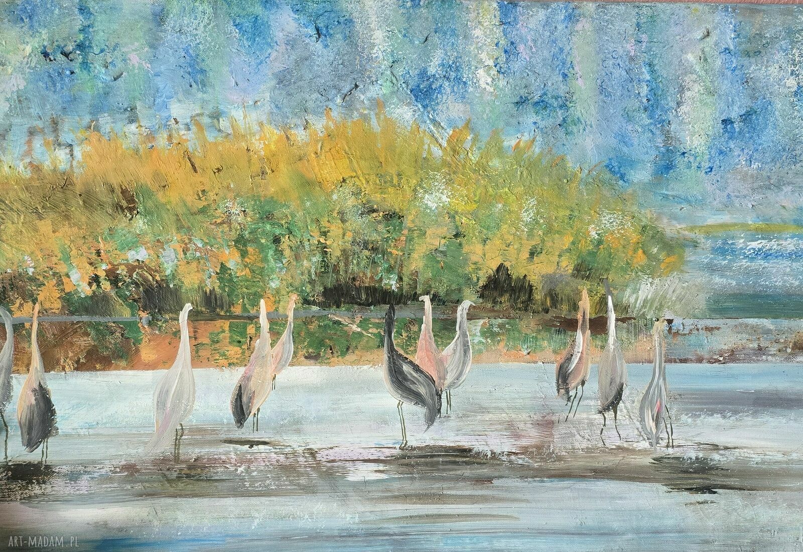 Żurawie przechadzki - ręcznie malowany obraz akrylowy na płótnie 70x50x1 cm