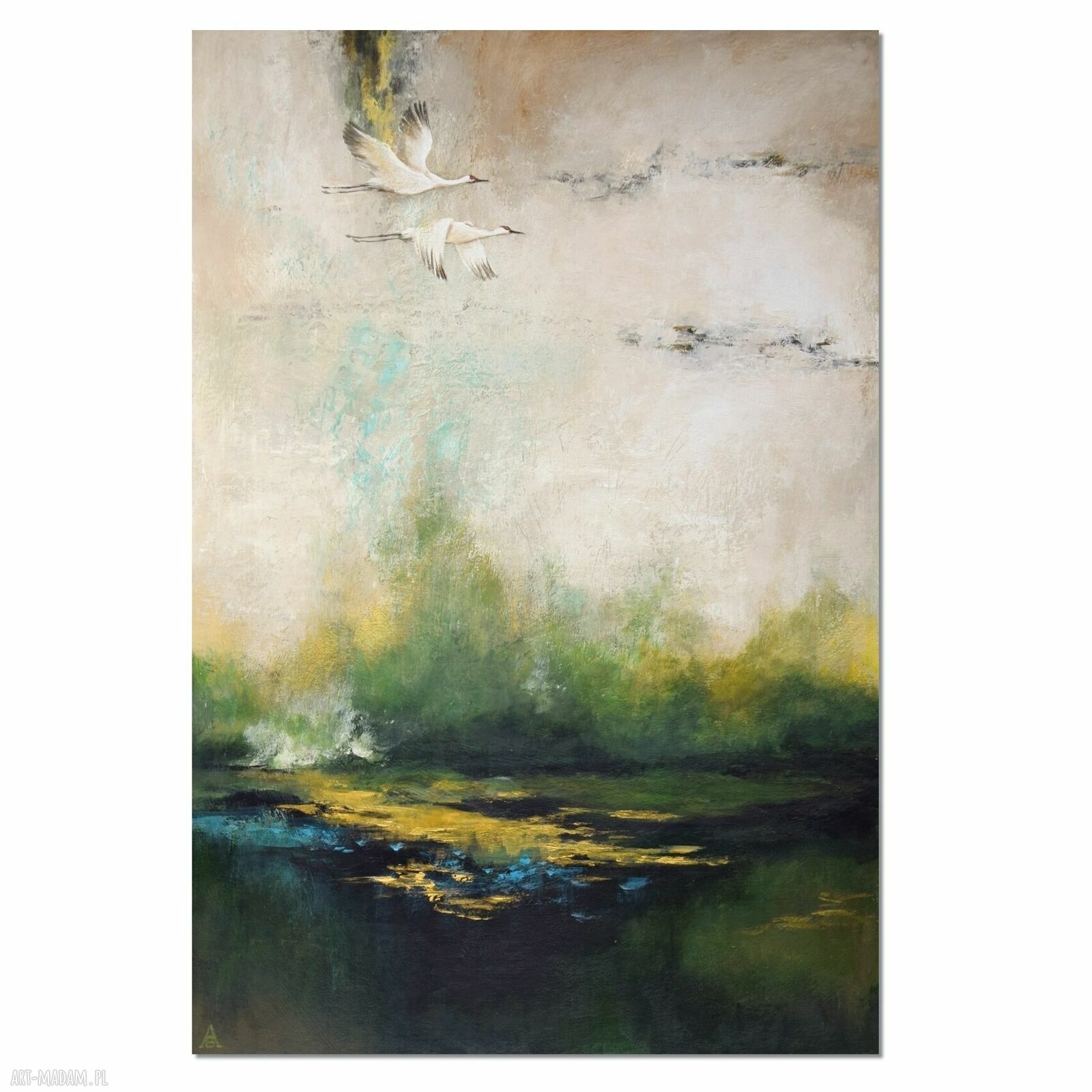 Żurawie - abstrakcyjny pejzaż, obraz ręcznie malowany 50x70 cm