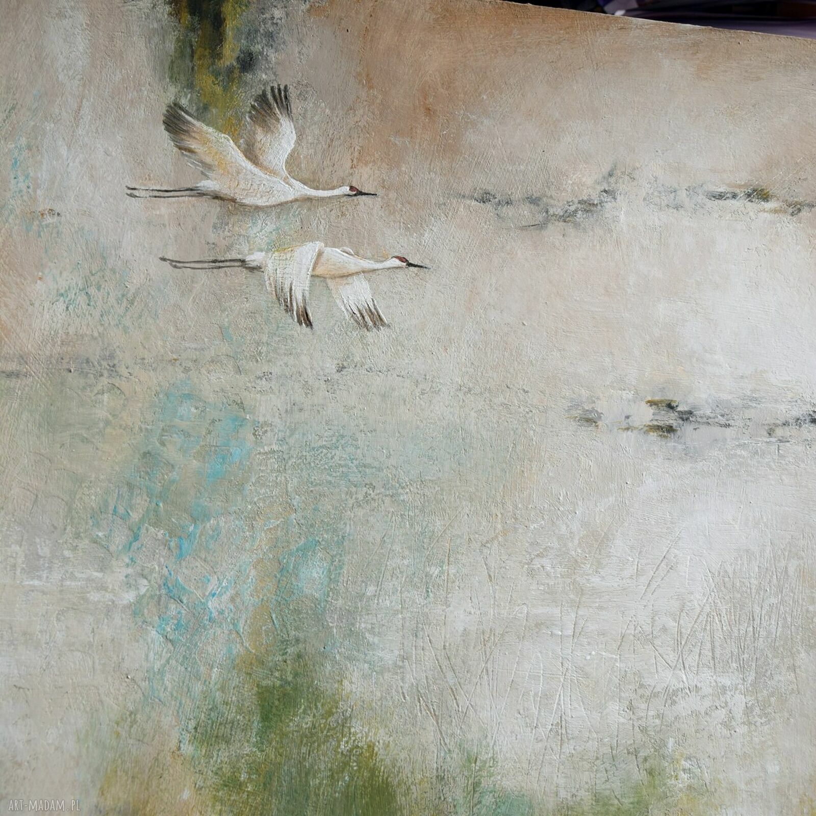 Żurawie - abstrakcyjny pejzaż, obraz ręcznie malowany 50x70 cm