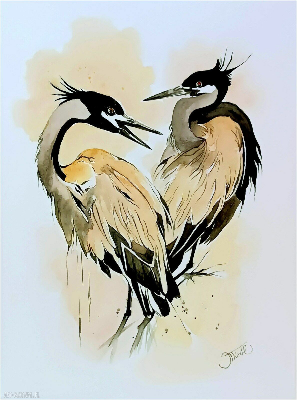 Żurawie - symbol wieczności - akwarela oryginał 32x34 cm