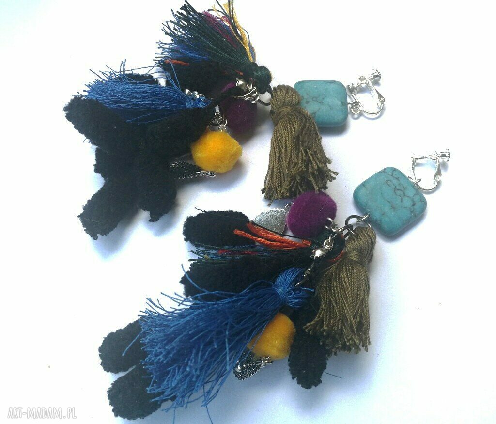 Zwariowane boho klipsy z pomponami wiszącymi - duże 14 cm