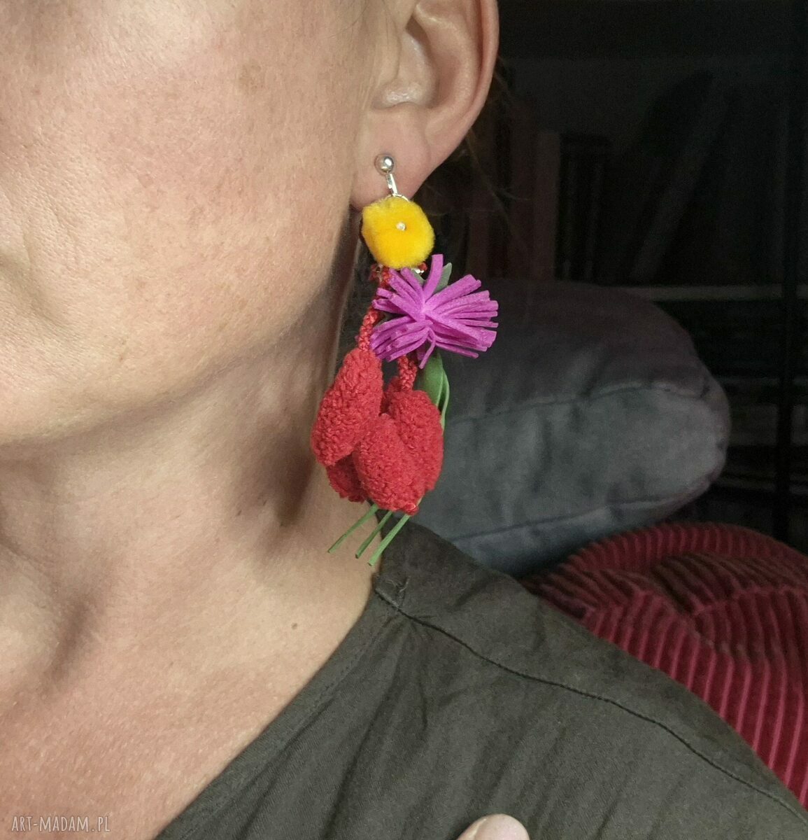 Długie, kolorowe klipsy folk boho Frida - lekkie i ręcznie robione