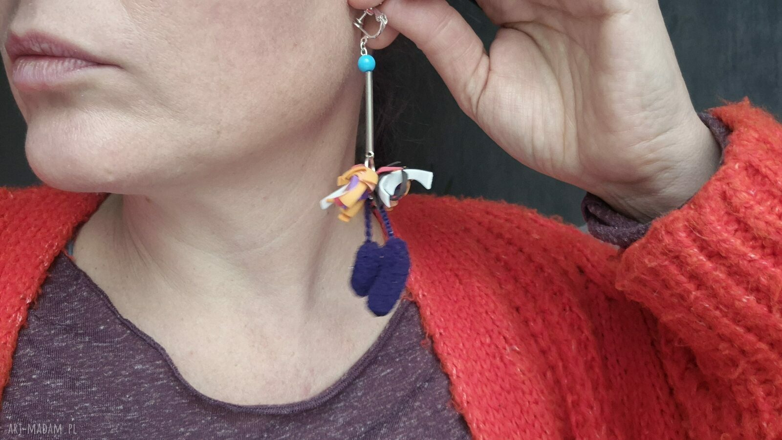 Klipsy zwariowane i lekkie handmade Frida - boho folk w odcieniach niebieskiego
