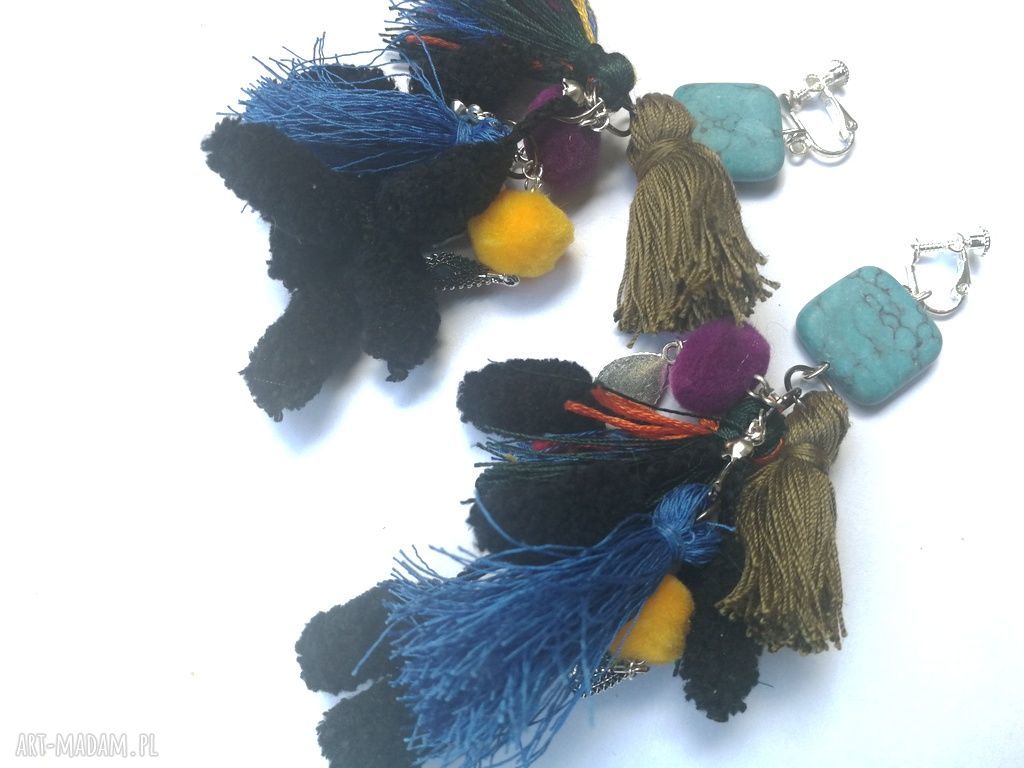 Zwariowane boho klipsy z pomponami wiszącymi - duże 14 cm