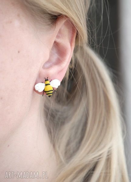 Kolczyki wkręty Pszczoły designerskie urocze owady z modeliny Fimo i stali chirurgicznej