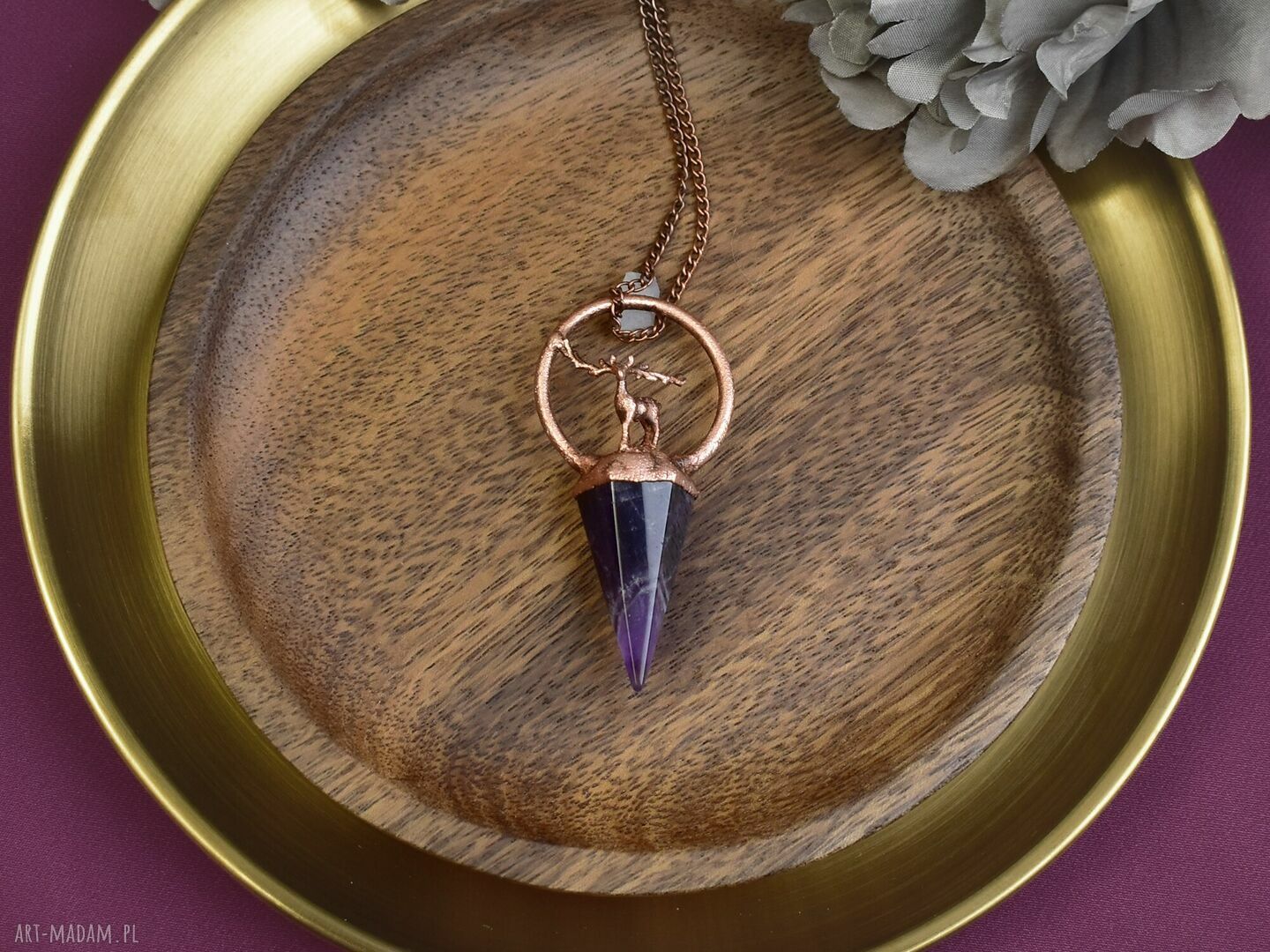 Miedziany wisior z ametystem i jeleniem #161 amulet na prezent, ręcznie robiony