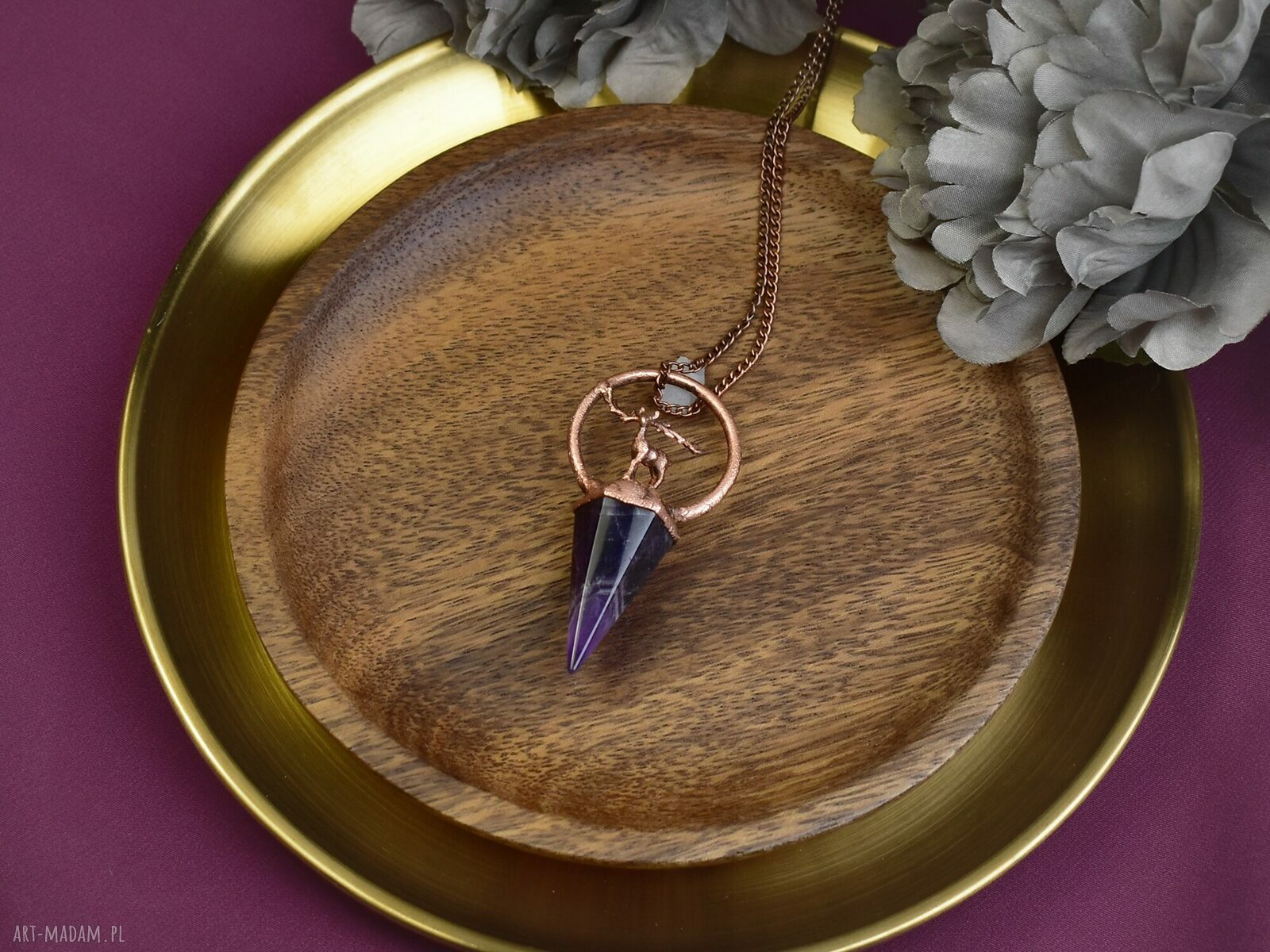 Miedziany wisior z ametystem i jeleniem #161 amulet na prezent, ręcznie robiony
