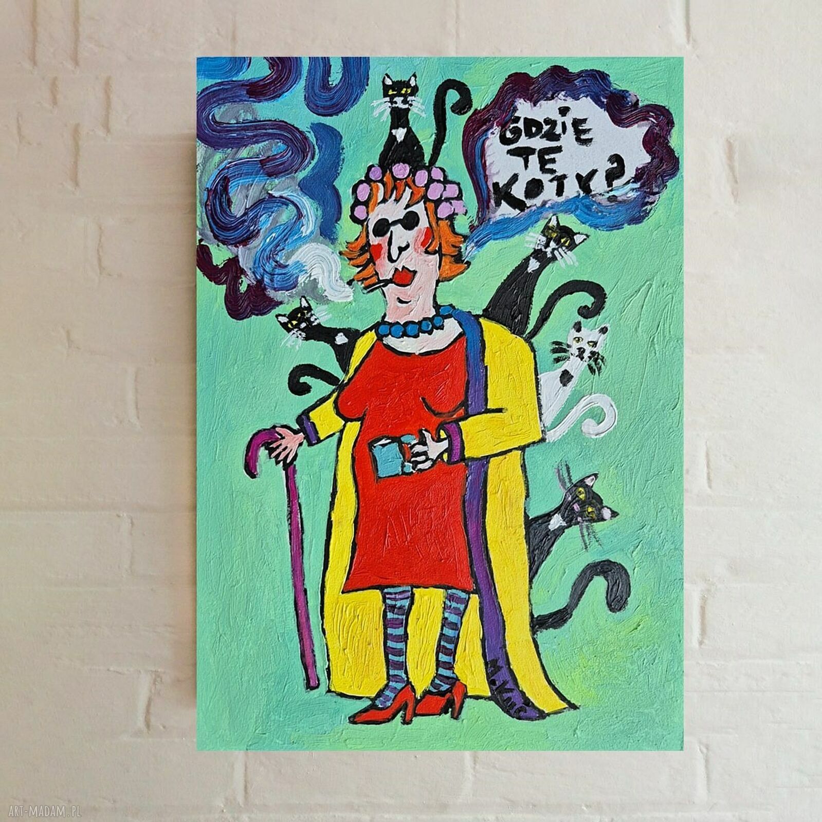 Obraz olejny „Gdzie te koty?” - karykatura babci, 21x29 cm