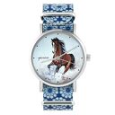 Zegarek - Brązowy koń - niebieski, kwiaty