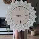 Duży zegar ścienny boho, makrama minimalistyczna, chwosty