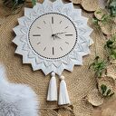 Duży zegar ścienny boho, makrama minimalistyczna, chwosty