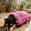 Sweter poncho dla małego psa - ręcznie szydełkowane ubranko w kwiaty